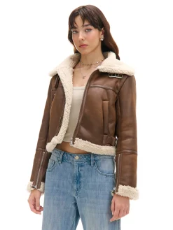 Cropp Kurtki, Płaszcze|Kożuszki, Futerka*Brązowa kurtka biker z kożuchem