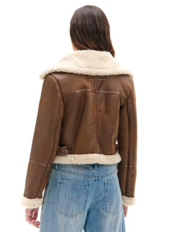 Cropp Kurtki, Płaszcze|Kożuszki, Futerka*Brązowa kurtka biker z kożuchem