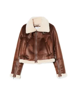 Cropp Kurtki, Płaszcze|Kożuszki, Futerka*Brązowa kurtka biker z kożuchem
