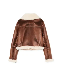 Cropp Kurtki, Płaszcze|Kożuszki, Futerka*Brązowa kurtka biker z kożuchem