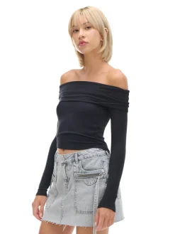 Cropp Koszulki, Topy*Czarna bluzka z hiszpańskim dekoltem
