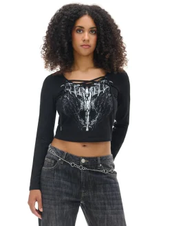 Cropp Koszulki, Topy*Czarna bluzka z wiązaniem i nadrukiem