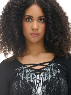 Cropp Koszulki, Topy*Czarna bluzka z wiązaniem i nadrukiem