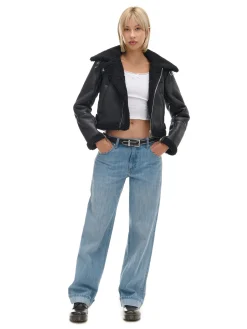 Cropp Kurtki, Płaszcze|Kożuszki, Futerka*Czarna kurtka biker z kożuchem