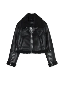 Cropp Kurtki, Płaszcze|Kożuszki, Futerka*Czarna kurtka biker z kożuchem