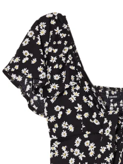 Cropp Sukienki, Kombinezony*Czarna sukienka mini w stokrotki