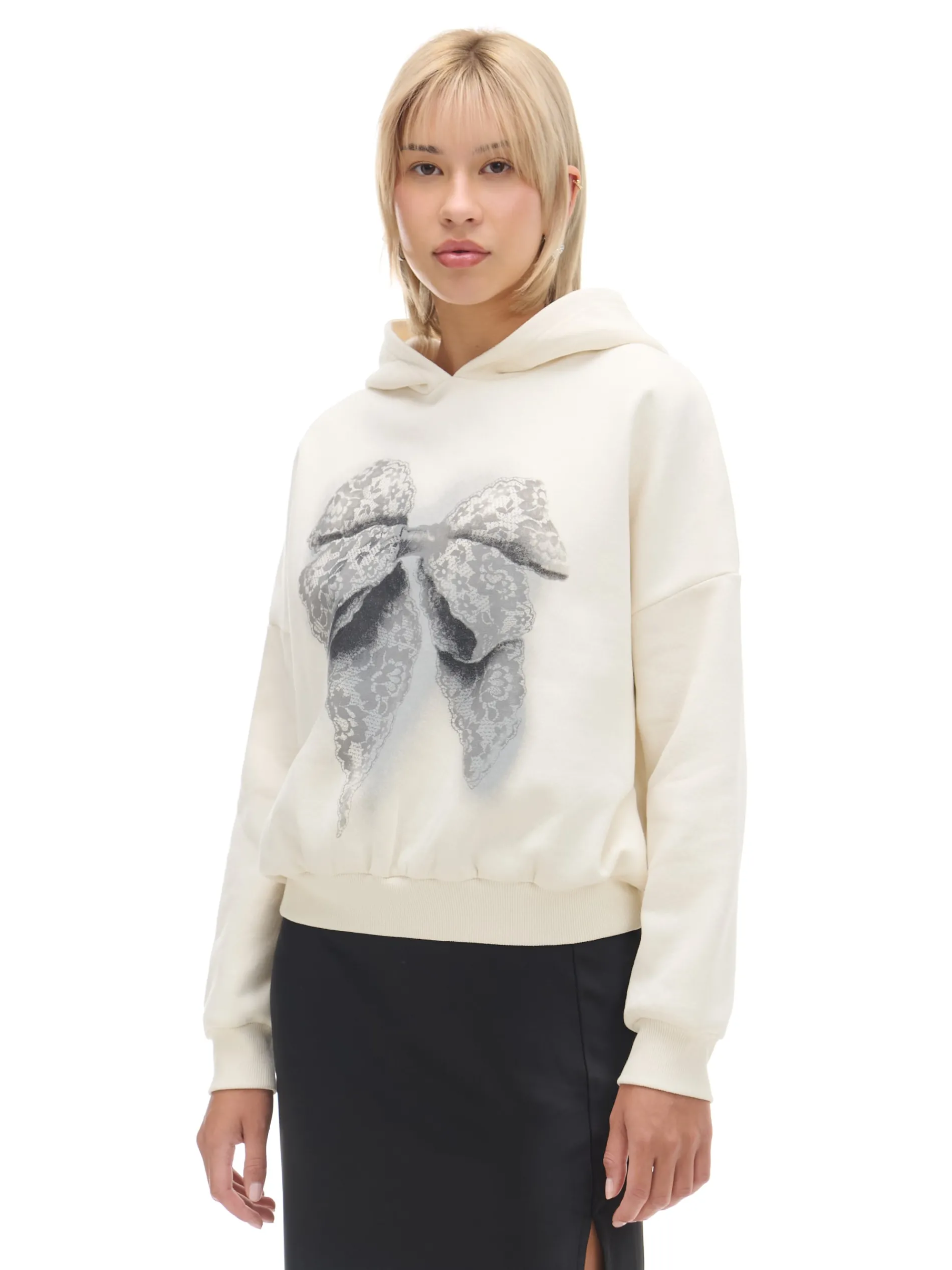 Cropp Bluzy*Kremowa bluza z kapturem i nadrukiem