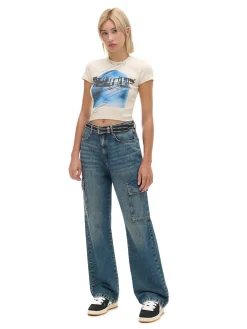 Cropp Koszulki, Topy*Kremowa koszulka z nadrukiem