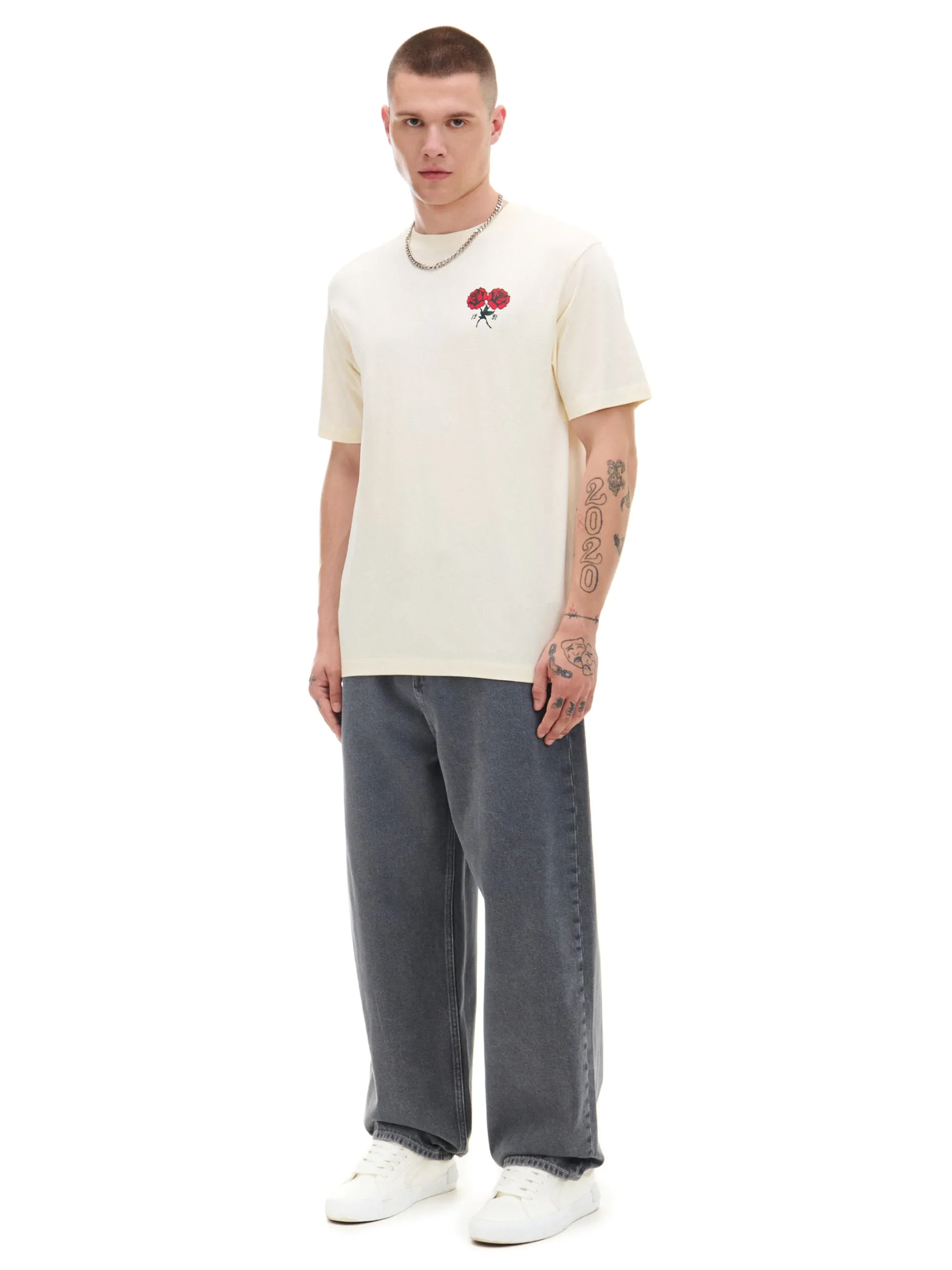 Cropp Koszulki*Kremowa koszulka z nadrukiem czerwonych róż