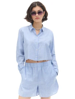 Cropp Koszule, Bluzki*Niebieska krótsza koszula w pionowe paski