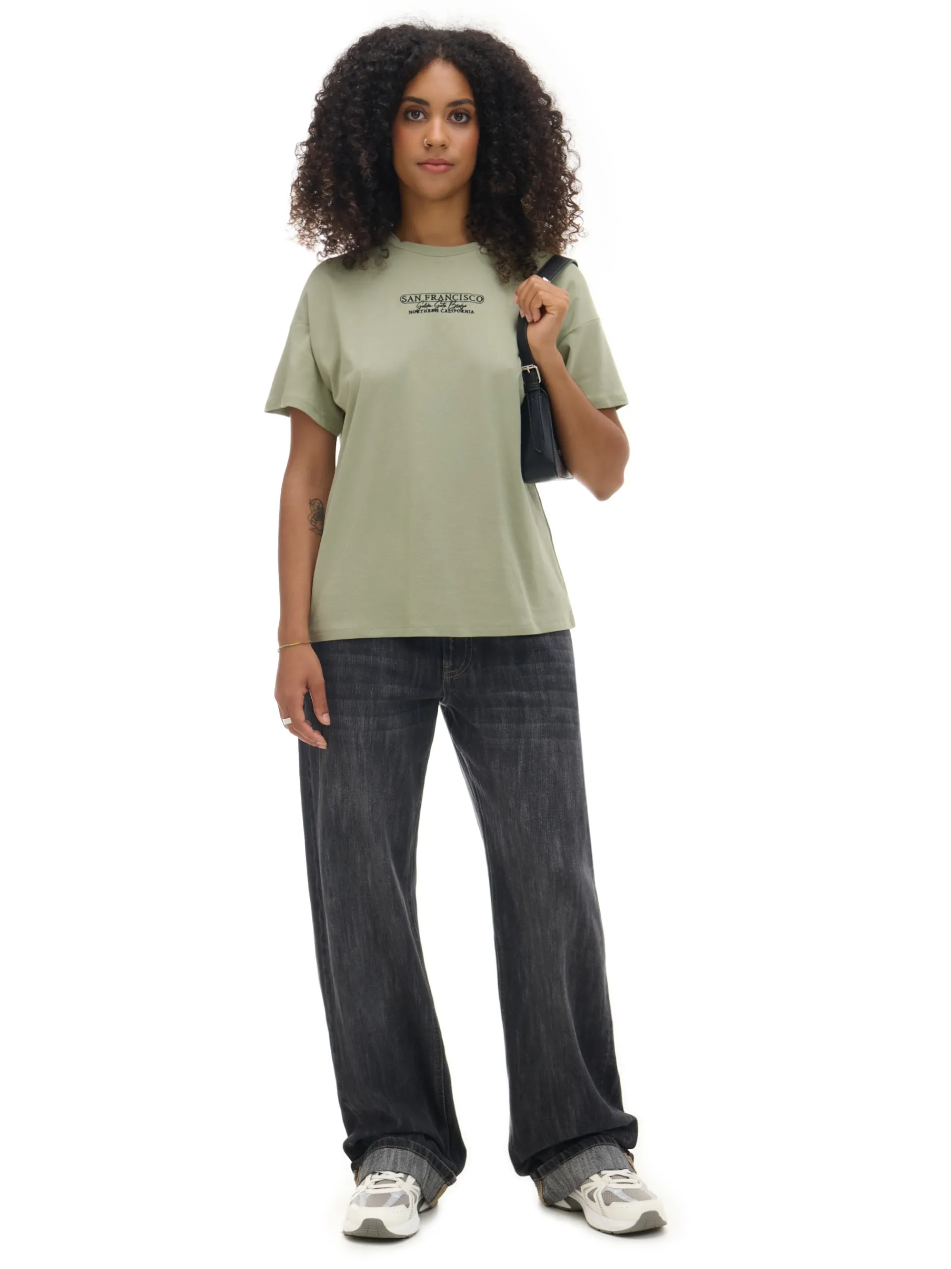 Cropp Koszulki, Topy*Oliwkowa koszulka oversize z napisem