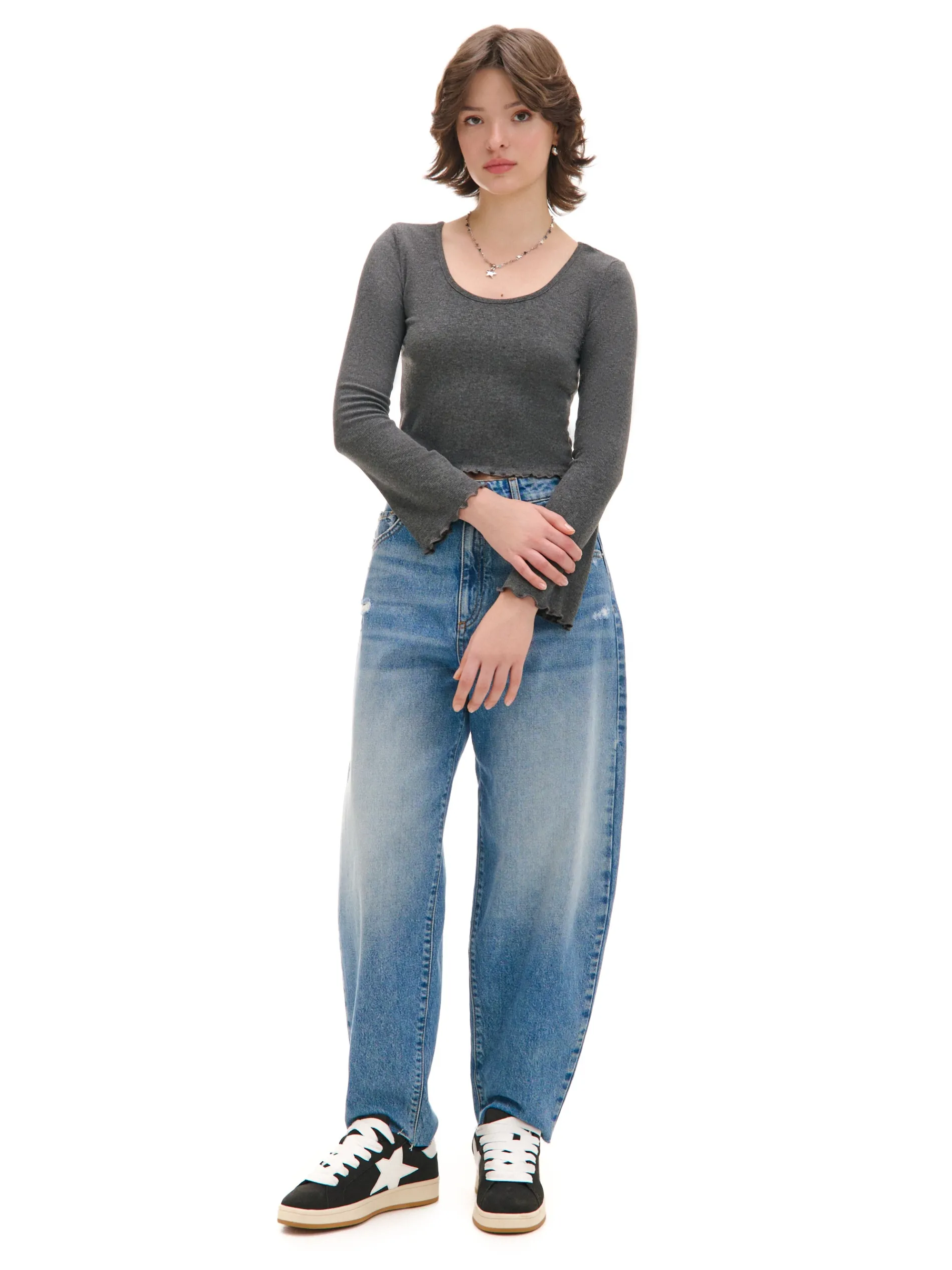 Cropp Koszulki, Topy*Prążkowana szara koszulka longsleeve