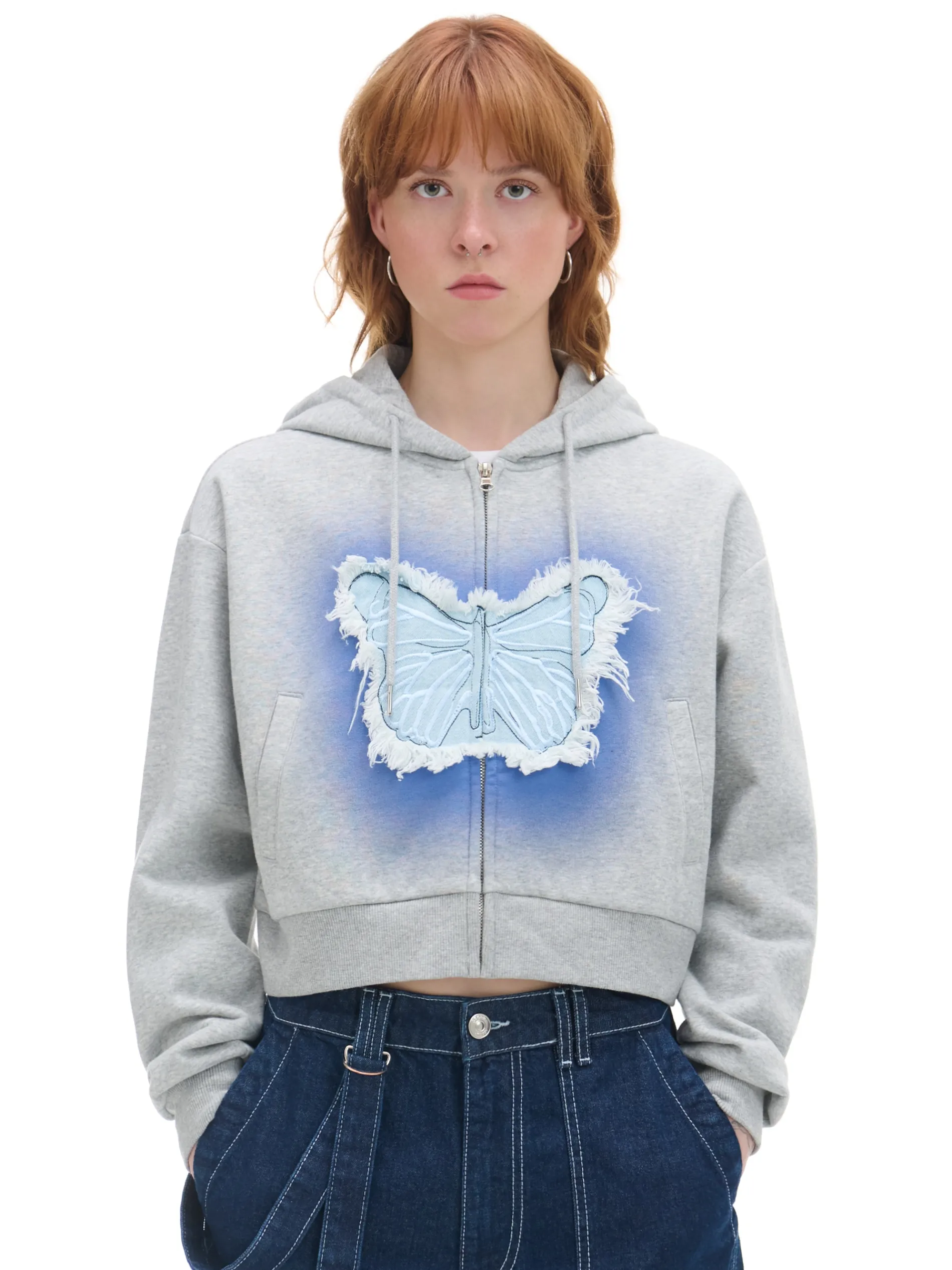 Cropp Bluzy*Szara krótka bluza z motylem