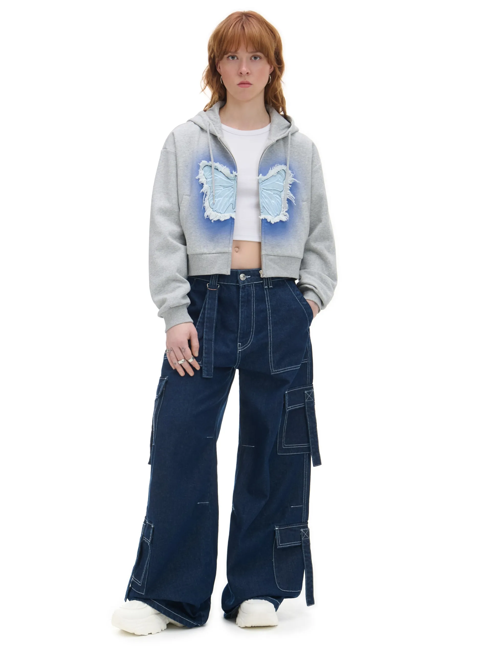 Cropp Bluzy*Szara krótka bluza z motylem