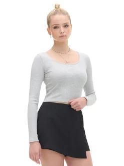 Cropp Koszulki, Topy*Szara prążkowana bluzka na napy