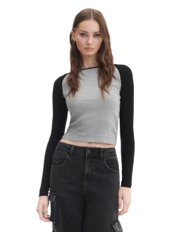 Cropp Koszulki, Topy|Koszule, Bluzki*Szaro-czarna bluzka z długim rękawem